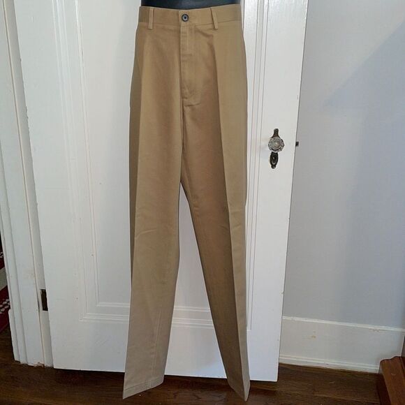 Lands End Tailored Fit light brown cotton khaki flat front pants - Picture 1 of 7
